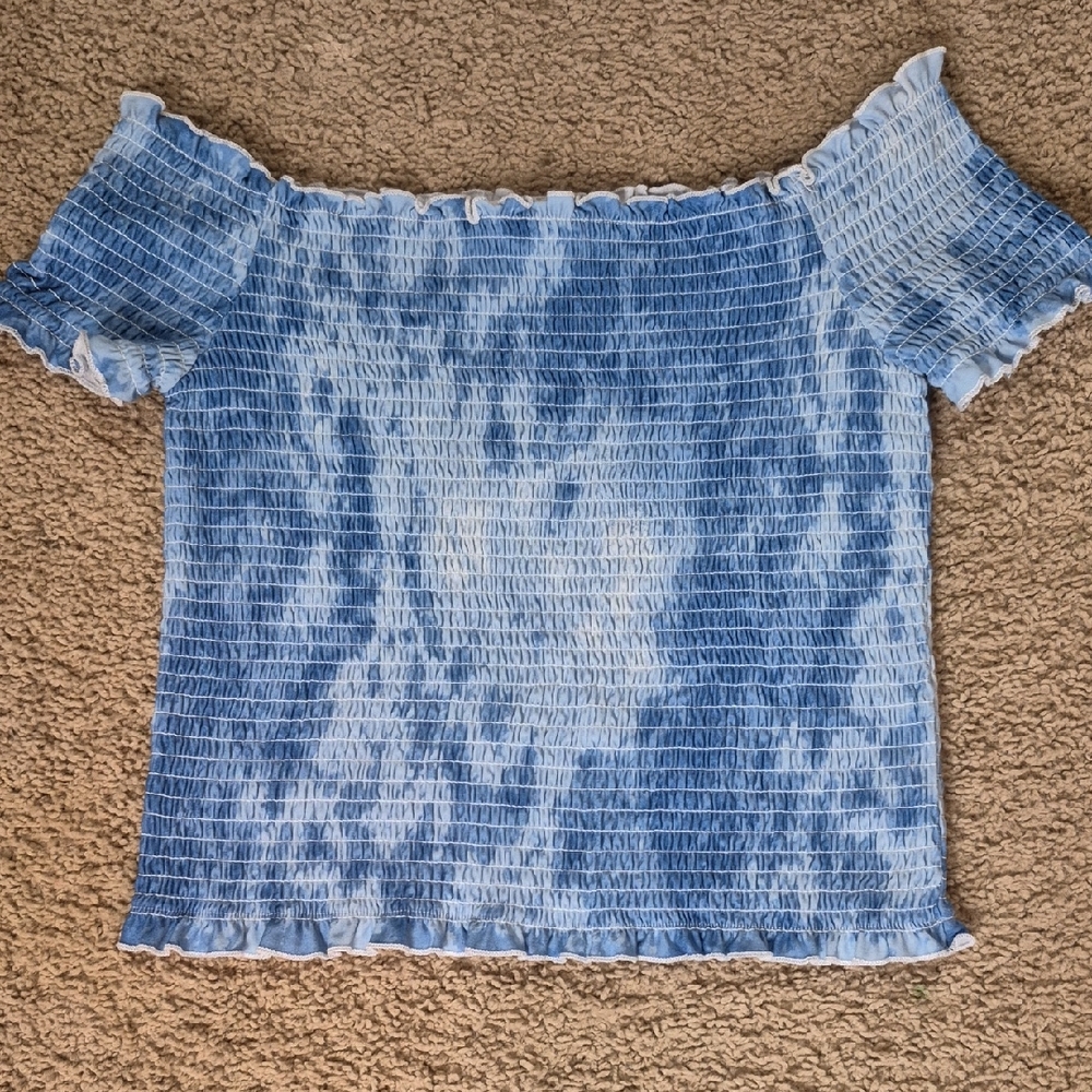 Light Blue Smocked Off-Shoulder Blouse